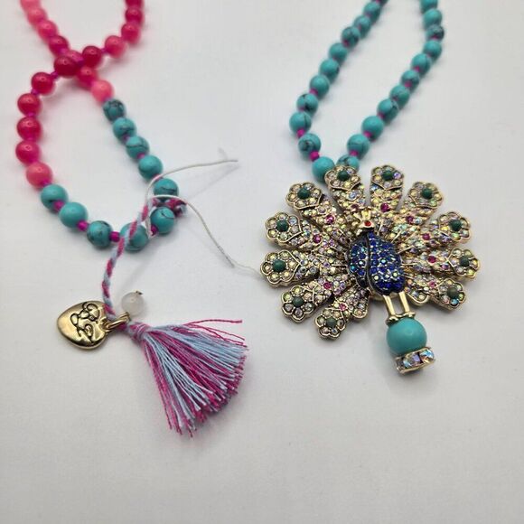 Betsey Johnson Boho Peacock Tassel Necklace Multi Stone Pendant Beaded New - Picture 3 of 5